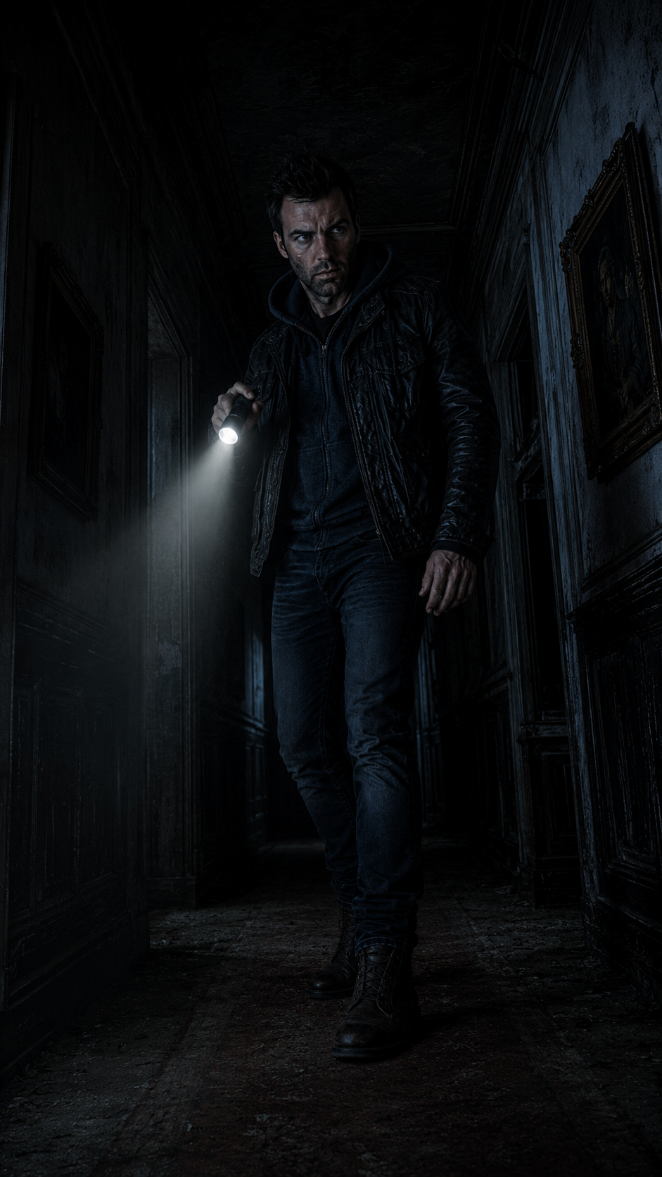 Victor inside the house with a flashlight